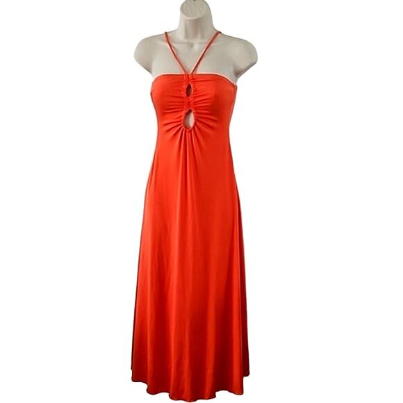 NWOT Sincerely Jules Women’s Orange Halter Neck Maxi Dress Cut Out Detail Size S - Picture 3 of 5